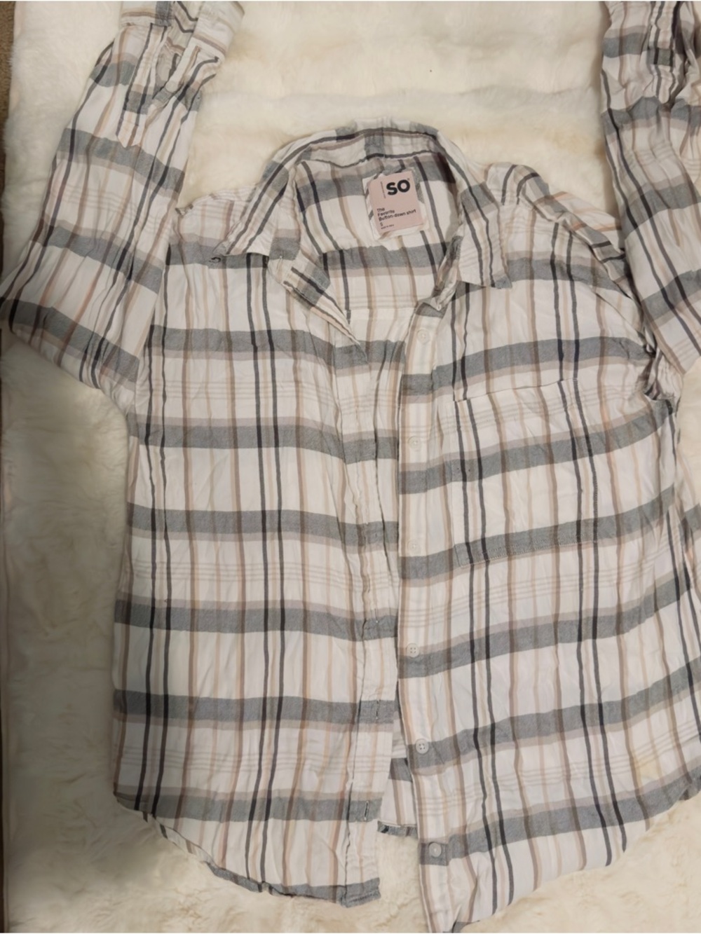 SO Women's Plaid Button-Up Shirt in White, Gray and Cream